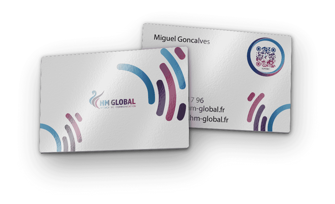 Carte de visite HM Global Agence imprimée sur papier 350 g, recto-verso