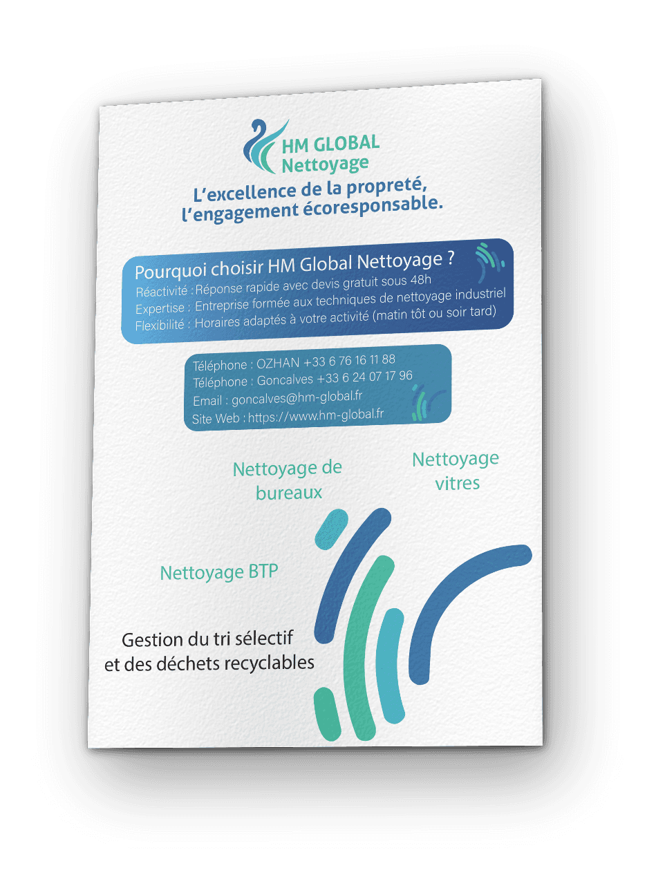 Rendu 3D d'un flyer A5 HM Global Nettoyage, recto seul